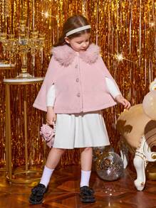 SHEIN Young Girl Fuzzy Collar Cloak Sleeve Overcoat - Pink - View 4