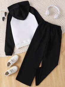 SHEIN Hanorac și pantaloni cu mânecă raglan Tween Girl Letter - Alb-negru - Vizualizare 2