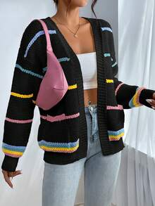 SHEIN Qutie Striped Pattern Drop Shoulder Duster Cardigan - Multicolor - View 4