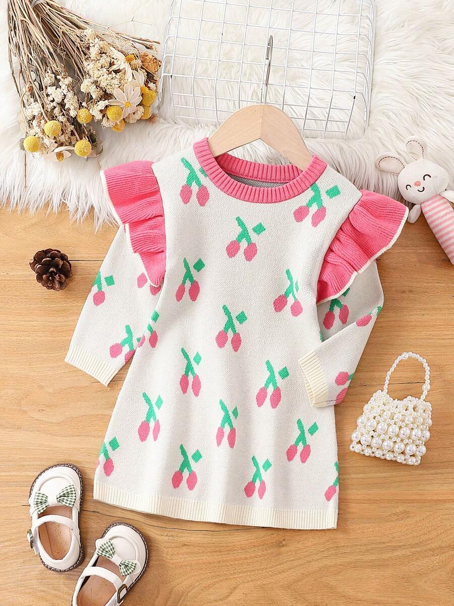 女嬰櫻桃圖案荷葉邊毛衣洋裝