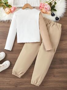 SHEIN Explorewe Tween Girl Two Tone Ribbed Tee & Flap Pocket Pants - Multicolor - View 2