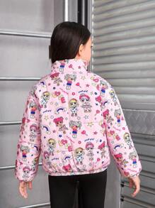SHEIN Tween Girl 1pc Cartoon Print Zip Up Padded Coat - Pink - View 2