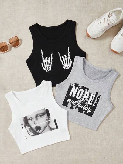 Lunelith SHEIN Lunessa Set de 3 tops gráficos con figuras y lemas para mujeres