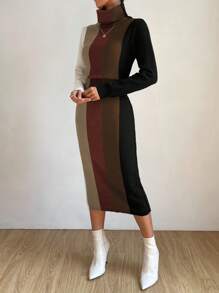 Vestido de suéter de cuello alto con bloques de color casual y de moda para mujer - Multicolor - Ver 3