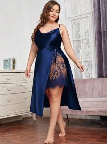 Plus Contrast Eyelash Lace Drape Neck Split Thigh Satin Sleep Dress Pajama Dress - Navy Blue - View 5