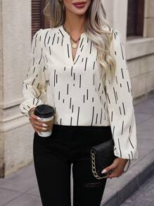 SHEIN Clasi 全身印花缺口领口灯笼袖衬衫、长袖上衣 - 杏色 - 查看 3