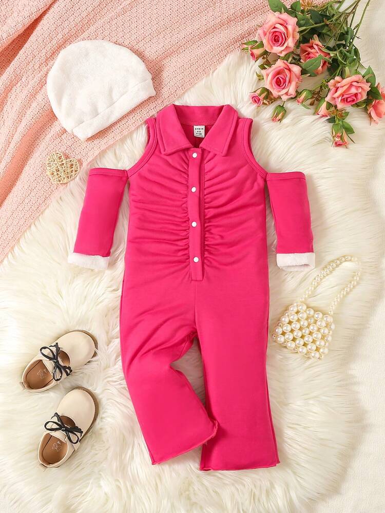 Baby Girl Cold Shoulder Ruched Jumpsuit & Hat