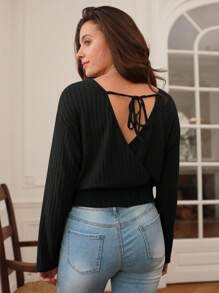 SHEIN Frenchy 後綁帶落肩T恤 - 黑色 - 查看 1