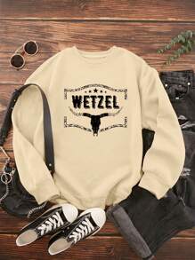 SHEIN EZwear Plus Letter Graphic Thermal Lined Sweatshirt - Khaki - View 1