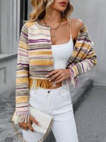 SHEIN LUNE Space Dye Fringe Trim Raglan Sleeve Cardigan - Multicolor - View 5