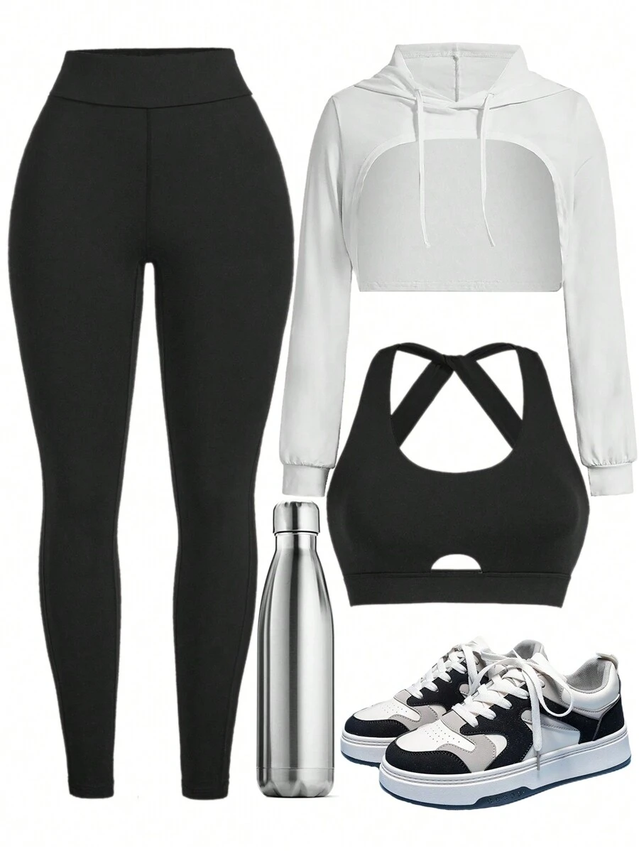 SHEIN Running 3Pcs Sports Set With Hoodie Gym Clothes Workout Clothes - Black and White - View 1
