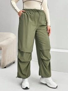 SHEIN Essnce Plus Quần túi xéo viền dây rút - màu xanh lá - Xem 3