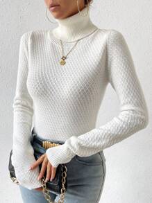 SHEIN LUNE Turtleneck Solid Sweater - Beige - View 3