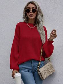 SHEIN LUNE Solid Drop Shoulder Ribbed Knit Sweater - Red - View 5