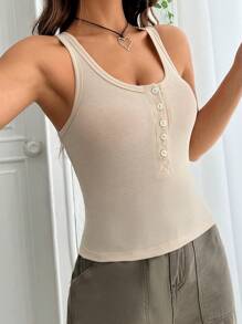 SHEIN EZwear Half Button Tank Top - Beige - View 4
