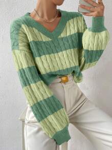 Chiquease Two Tone Cable Knit Drop Shoulder Sweater,Long Sleeve Tops Knit Pullover Fall Winter Outfit - Green - View 4