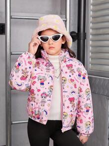 SHEIN Tween Girl 1pc Cartoon Print Zip Up Padded Coat - Pink - View 4
