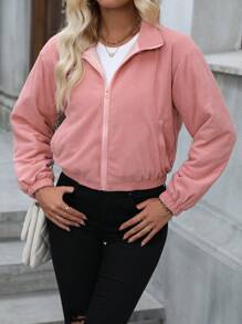 SHEIN LUNE Zip Up Corduroy Padded Coat - Pink - View 1