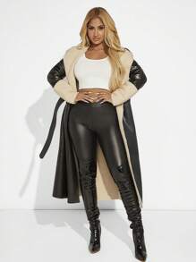 SHEIN SXY Two Tone Belted PU Leather Coat - Black - View 1