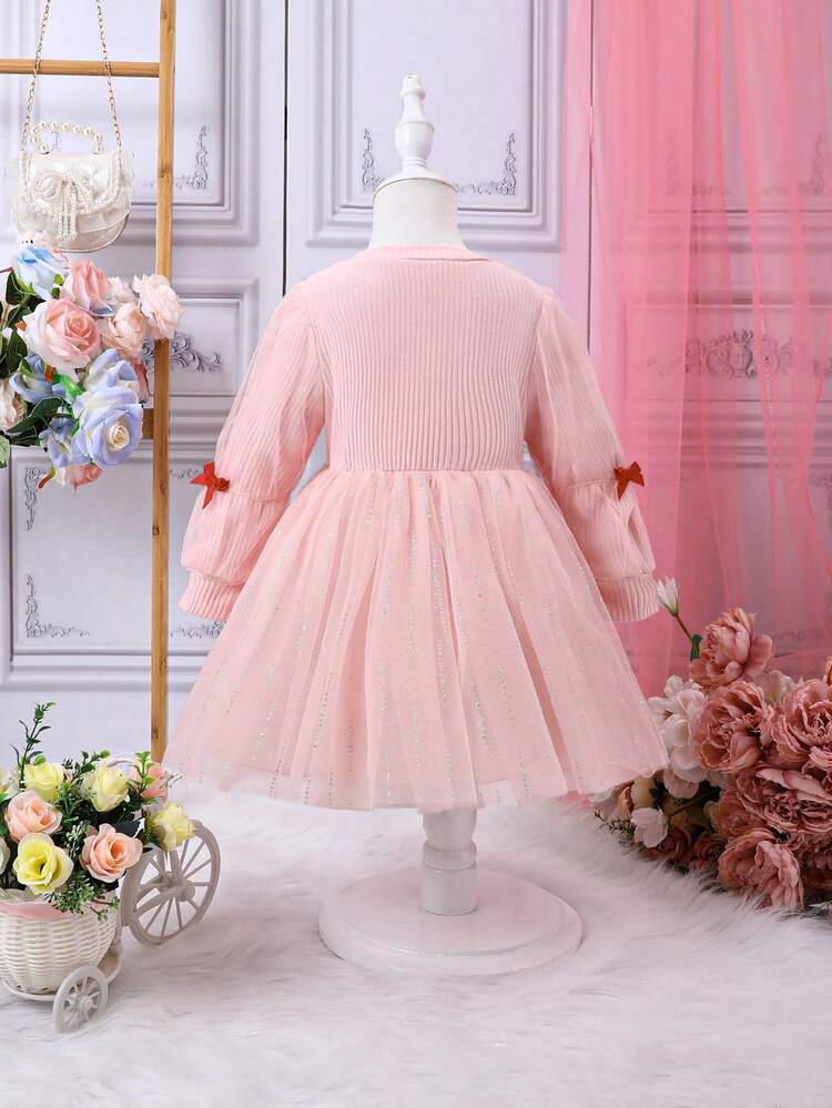 Baby Girl Bow Front Mesh Overlay Dress
