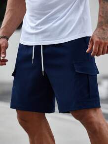 Manfinity Homme Men Flap Pocket Side Drawstring Waist Cargo Shorts - Blue - View 3