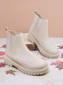 SHUZIA Women's Slip-On Round Toe Chunky Lug Sole Pu Bone Chelsea Boots –Comfortable & Classic New Year Holiday Valentine Gifts Summer Shoes Valentines Spring Shoes