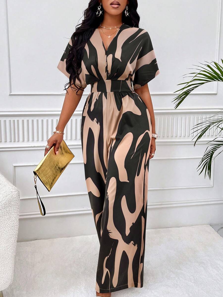 SOLERSUN Allover Print Batwing Sleeve Wide Leg Jumpsuit