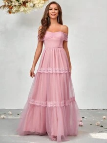 SHEIN Belle Váy lưới trễ vai - Hồng - Xem 5