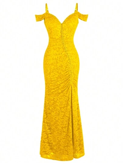 ANGEL FASHIONS Women's Long Spaghetti Strap Boat Neck Beaded Pleated Split Formal Dress, Bridesmaid Dress