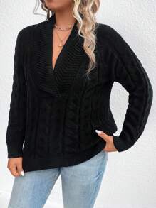 SHEIN Unity 大碼麻花編織插肩袖套頭毛衣 - 黑色 - 查看 3