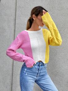 SHEIN Essnce 撞色網眼針織落肩袖套頭毛衣 - 彩色 - 查看 6