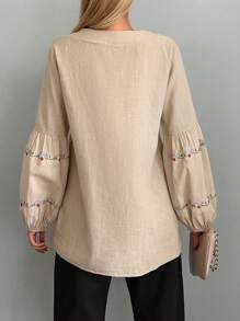 RueChic Floral Embroidery Lantern Sleeve Blouse - Khaki - View 2