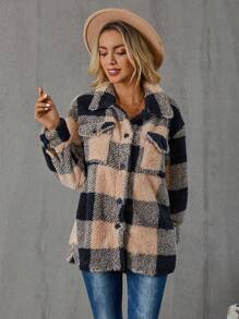 SHEIN LUNE In kẻ sọc Buffalo Thả vai Túi có nắp Áo khoác Teddy - màu đen - Xem 5