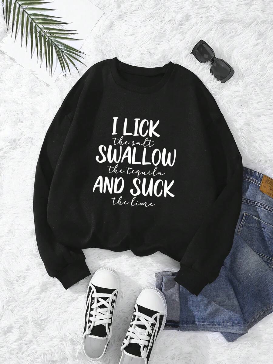 INAWLY Plus Slogan Graphic Sweatshirt Pullover Fall Sweatshirt - Black - View 1
