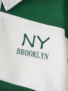 INAWLY Letter Graphic Colourblock Polo Neck Drawstring Hem Crop Sweatshirt - Multicolor - View 5