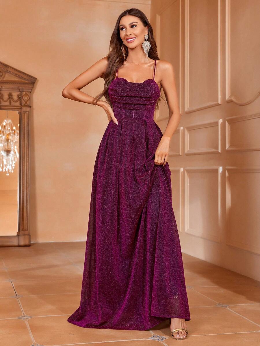 Faeriesty Solid Lace Up Back Cami Party Dress Elegant Formal Evening Prom Wedding Guest Gown, For Graduation, Dinner - 玫紅色 - 查看 1