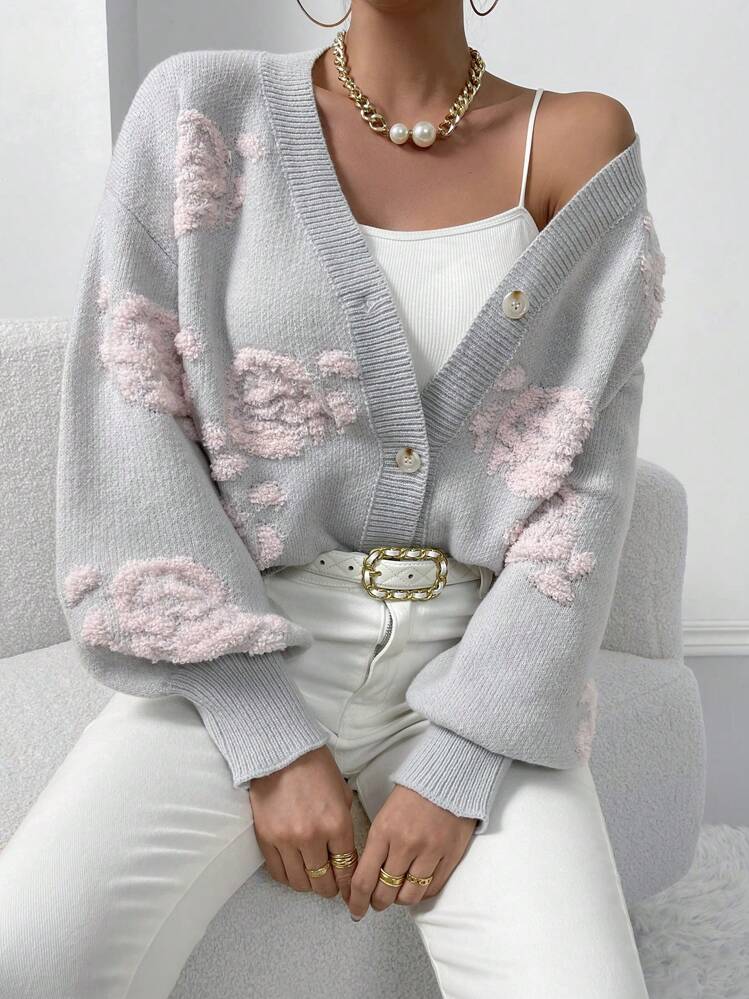 Chiquease Cárdigan con patrón floral de hombros caídos - Gris - Ver 4