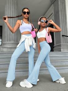 SHEIN Leap Crew Cô gái Tween 1 Miếng Thắt lưng rộng Chất rắn Chân bùng Hoạt động Quần - Màu xanh nhạt - Xem 7