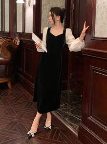 DAZY Váy dạ hội nhung cổ tim tay lỡ, váy dạ hội mùa thu thanh lịch cho nữ - màu đen - Xem 5