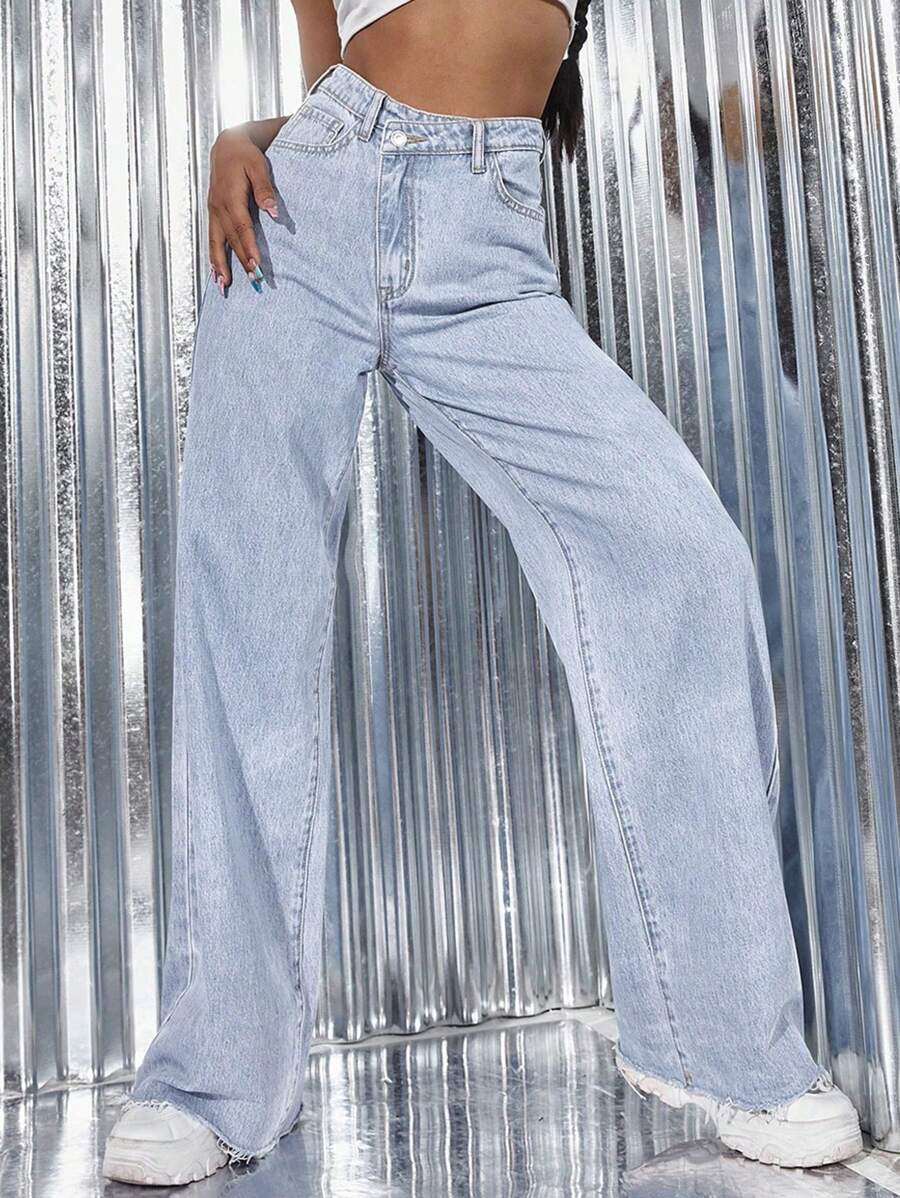 SHEIN ICON 高腰闊腿牛仔褲 - 淺色水洗藍 - 查看 1