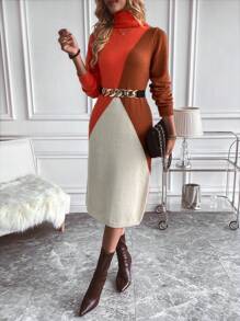 SHEIN LUNE Vestido de punto de color combinado cuello alto - Multicolor - Ver 3