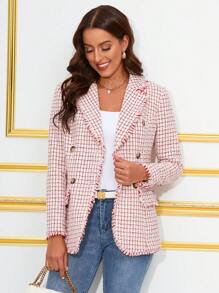 SHEIN Clasi Hoa văn kẻ sọc Xén Thô Đôi ngực Tweed Áo vest - Nhiều màu - Xem 4