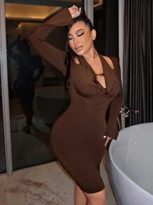 SHEIN SXY Solid Ruched Bodycon Dress - Brown - View 4