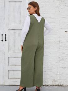 EMERY ROSE 大碼素色闊腿連體褲不帶T恤 - 軍綠色 - 查看 2