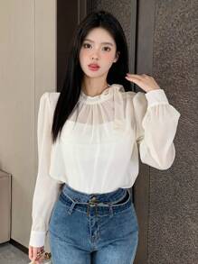 DAZY Solid Tie Neck Puff Sleeve Blouse - White - View 3