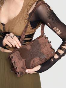 ROMWE Fairycore Mini Square Bag Fashion Butterfly Patched For Work - Brown - View 3