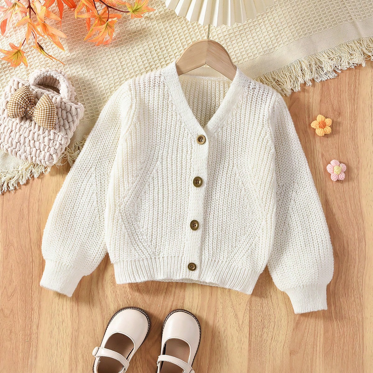 Chaquetas tipo cárdigan para niñas y niñas pequeñas, suéter de punto con mangas farol, cuello en V, textura cómoda y creativa, en beige, blanco,