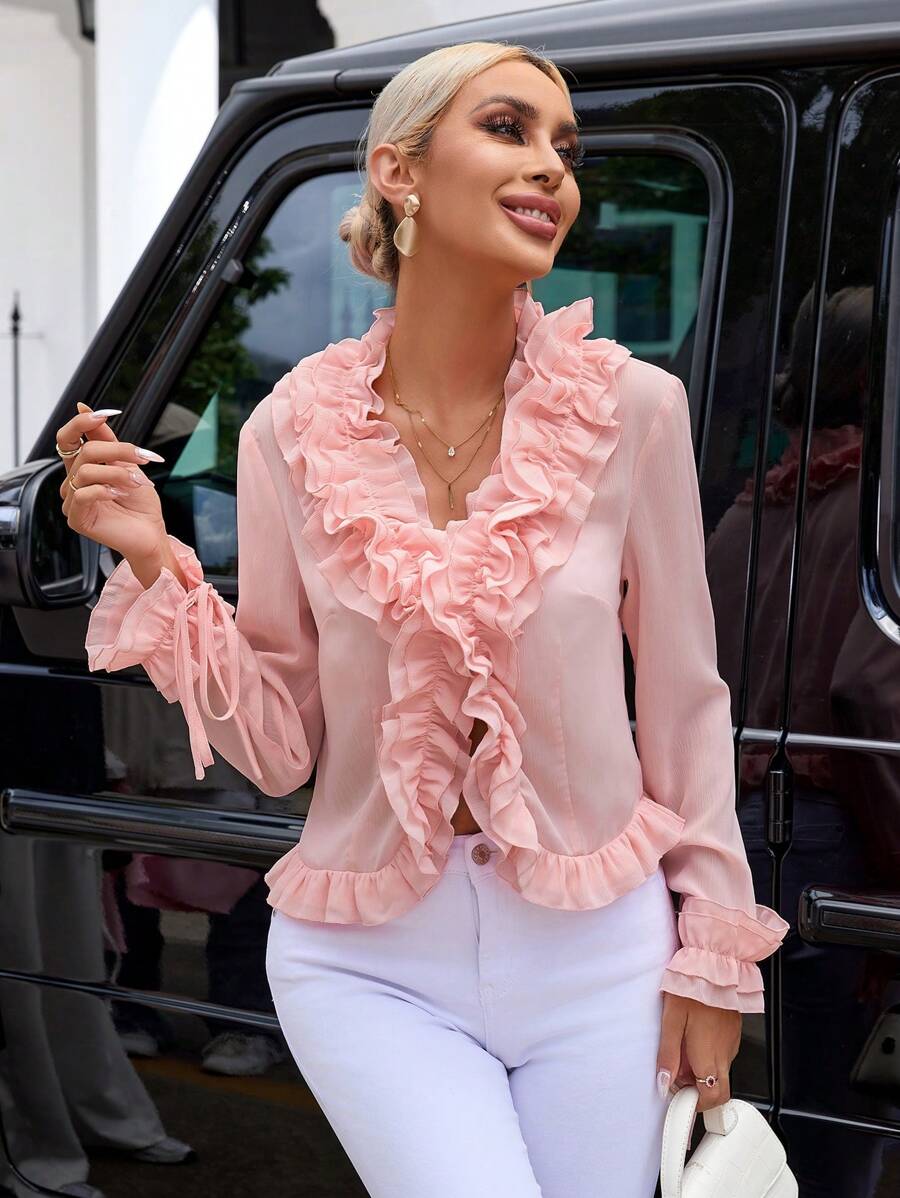 SHEIN Privé Ruffle Trim Flare Sleeve Crop Jacket - Pink - View 1