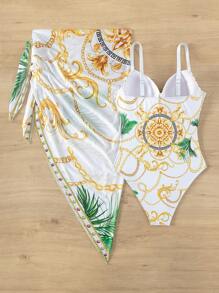 SHEIN Swim 錬條圖案聚攏連身泳裝附沙灘裙 - 彩色 - 查看 7