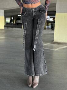 SHEIN ICON Flap Detail Flare Leg Pants - Black - View 1